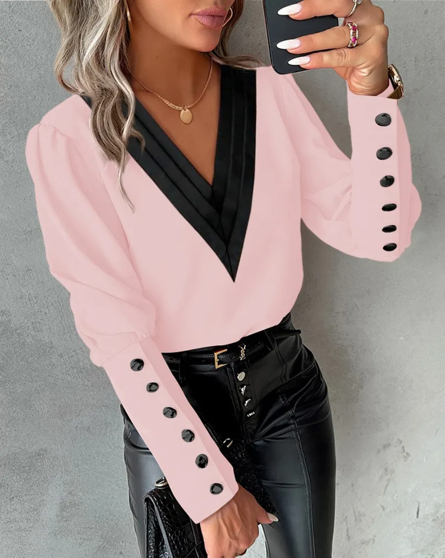 Women V Neck Solid Long Sleeve Button Top - Image 5