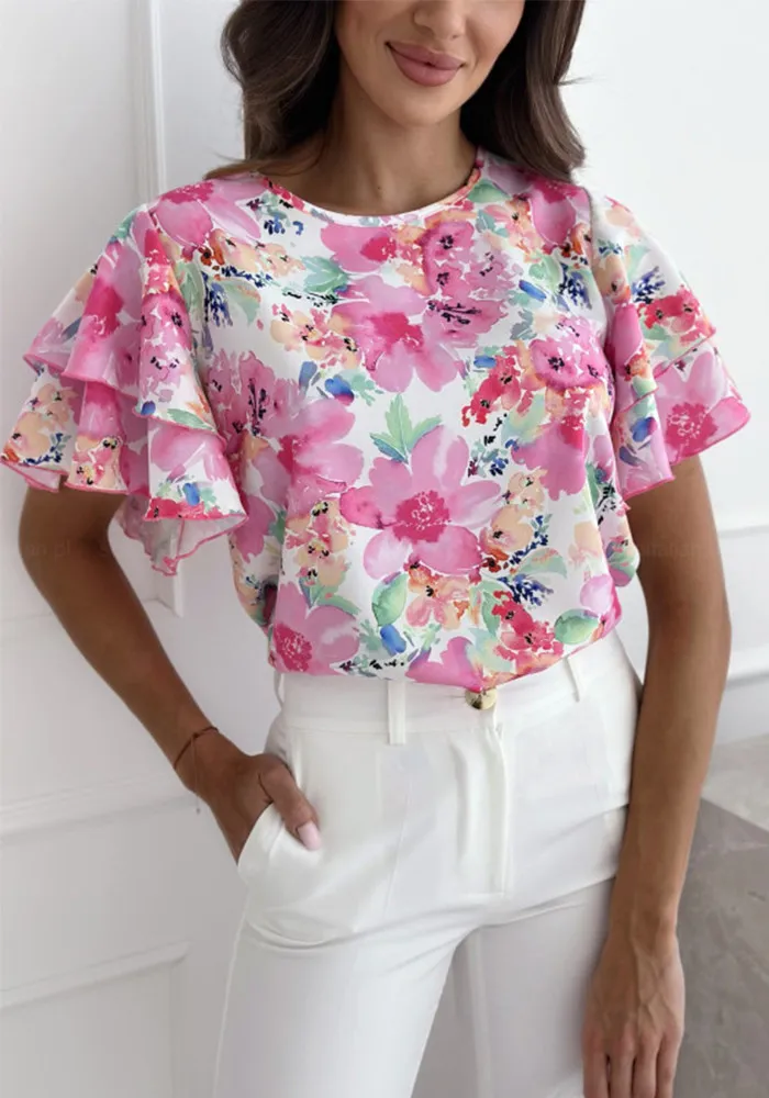 Women Summer Print Ruffle Sleeve Round Neck Short Sleeve Top - Image 3
