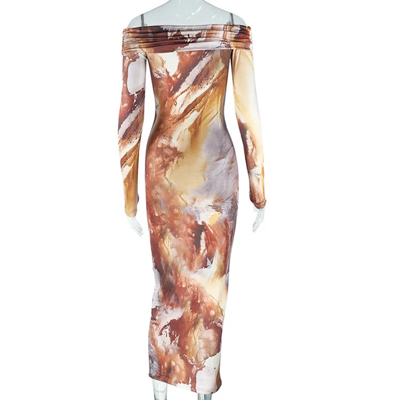 Women's Retro Fashion Print Sexy Off Shoulder Long Sleeve Trendy Dress - Image 5