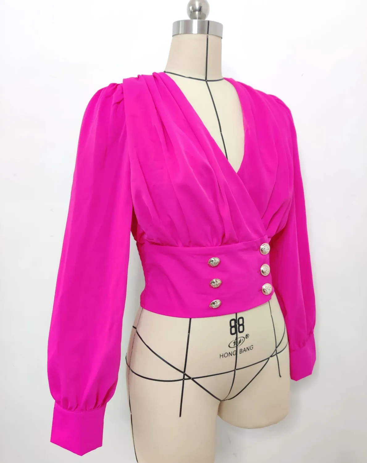 Women's V-Neck Sexy Long-Sleeved Short Slim Waist Puff Sleeve Solid Color Pleated Shirt - Image 3