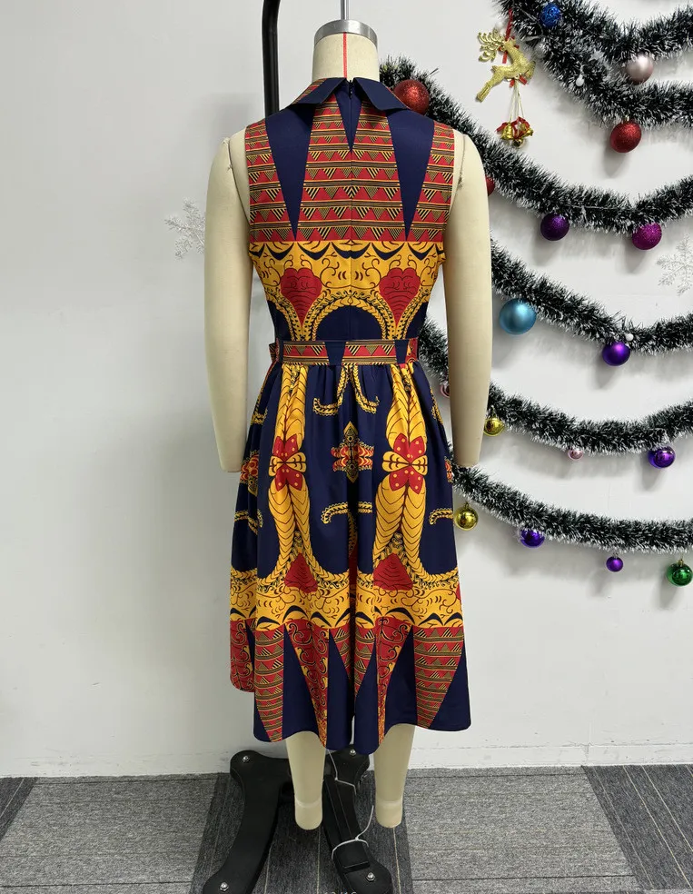 Sexy Printed Turndown Collar Sleeveless Slim Waist African Dress - Image 11