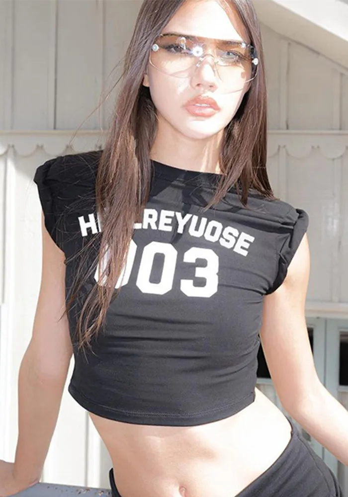 Women Spring Sleeveless Letter Print Crop T-Shirt Top - Image 4