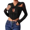 Sexy See-Through Patchwork T-Shirt Fishbone Tunic Long-sleeved Top Women