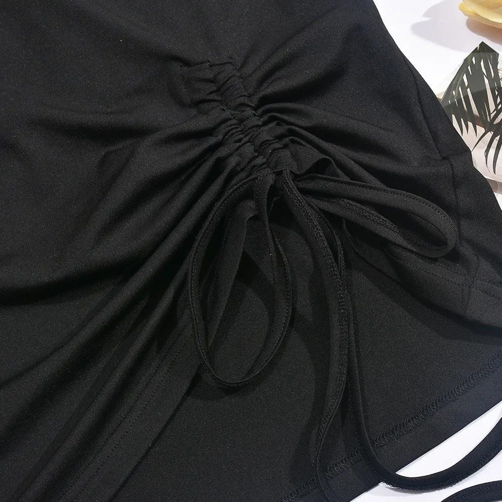 Summer T-Shirt Round Neck Heart Beaded Hollow Drawstring Solid Color Short Sleeve Women's Top - Image 8