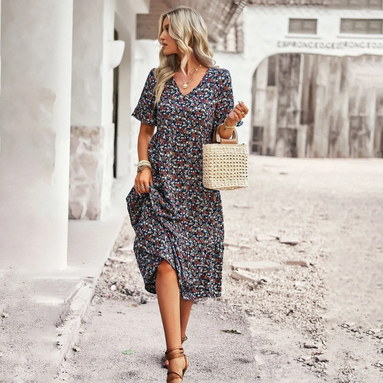Chic Elegantsummer V Neck Short Sleeve Holidays Casual Dress - Image 14
