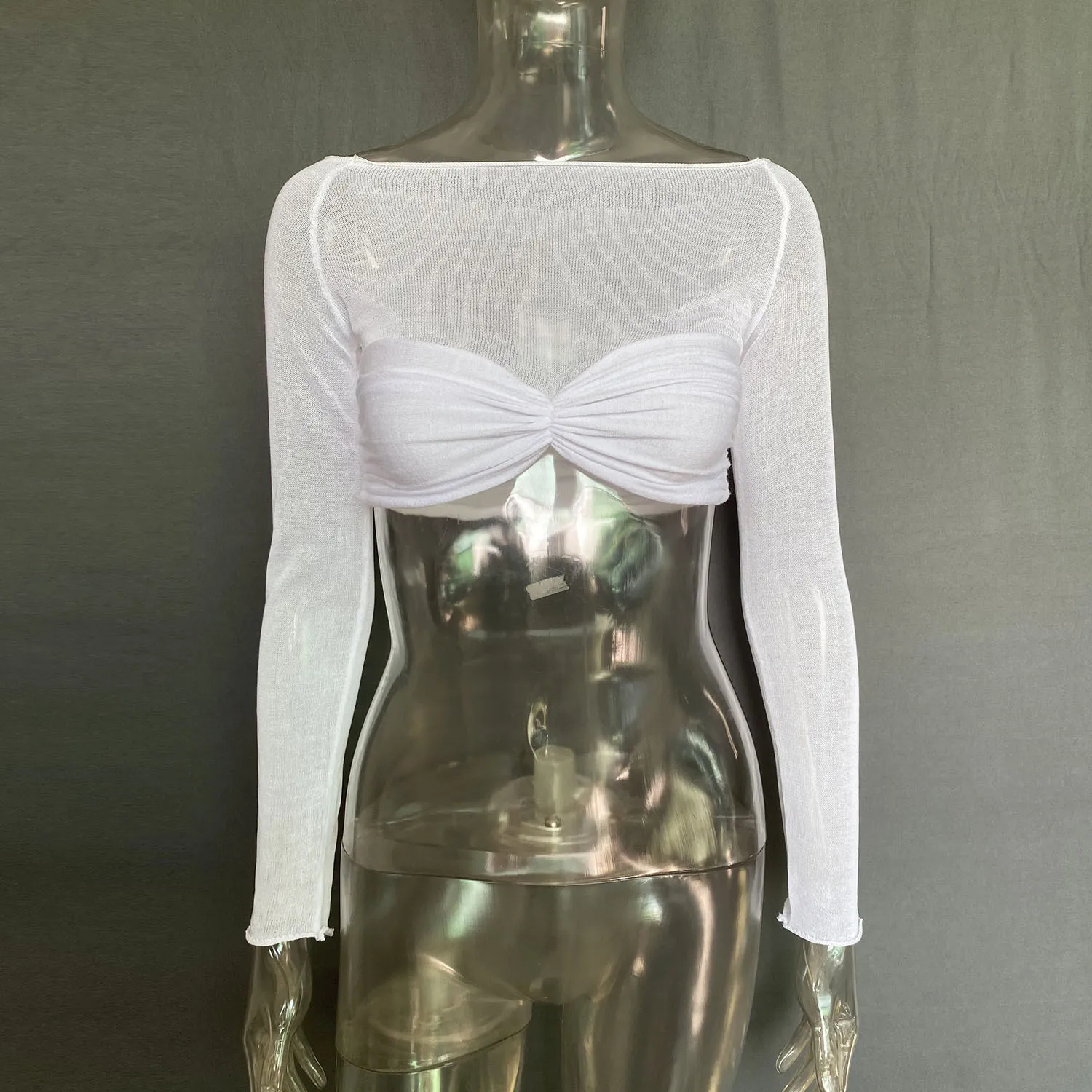 Spring Summer Women'S Off Shoulder See-Through Long Sleeve Cropped Top - Image 7