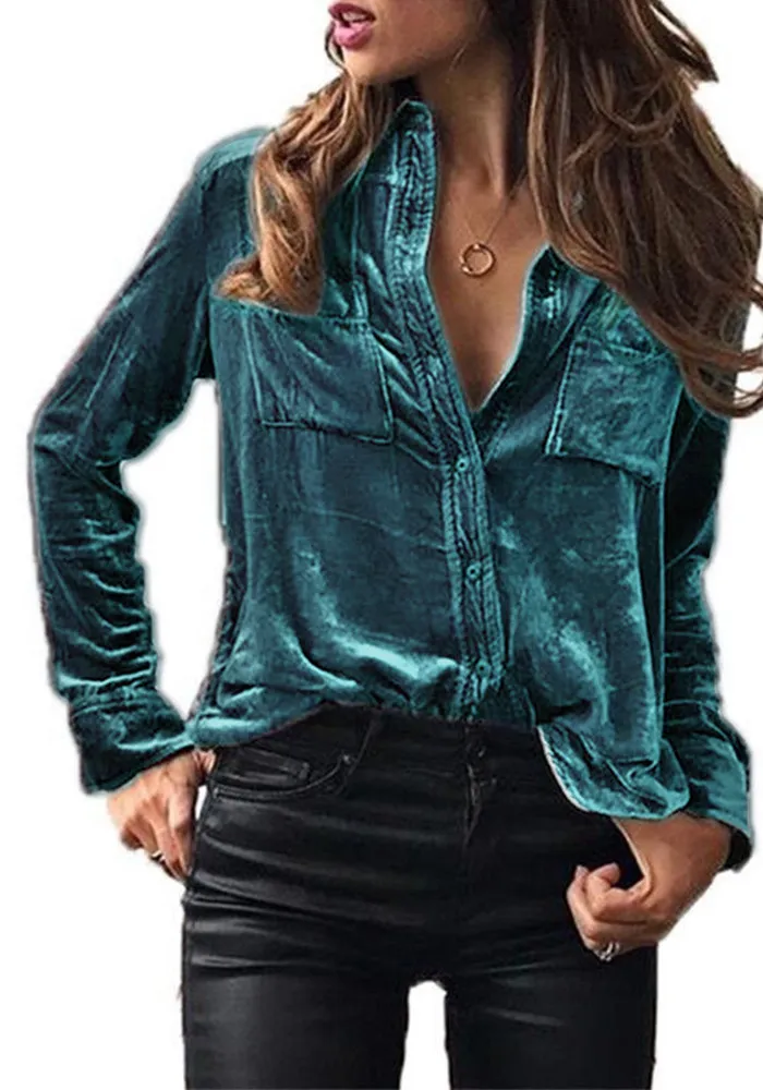 Spring Autumn Pocket Shirt Top Solid Color Chic Long Sleeve Single Breasted Shirt Women - Image 19