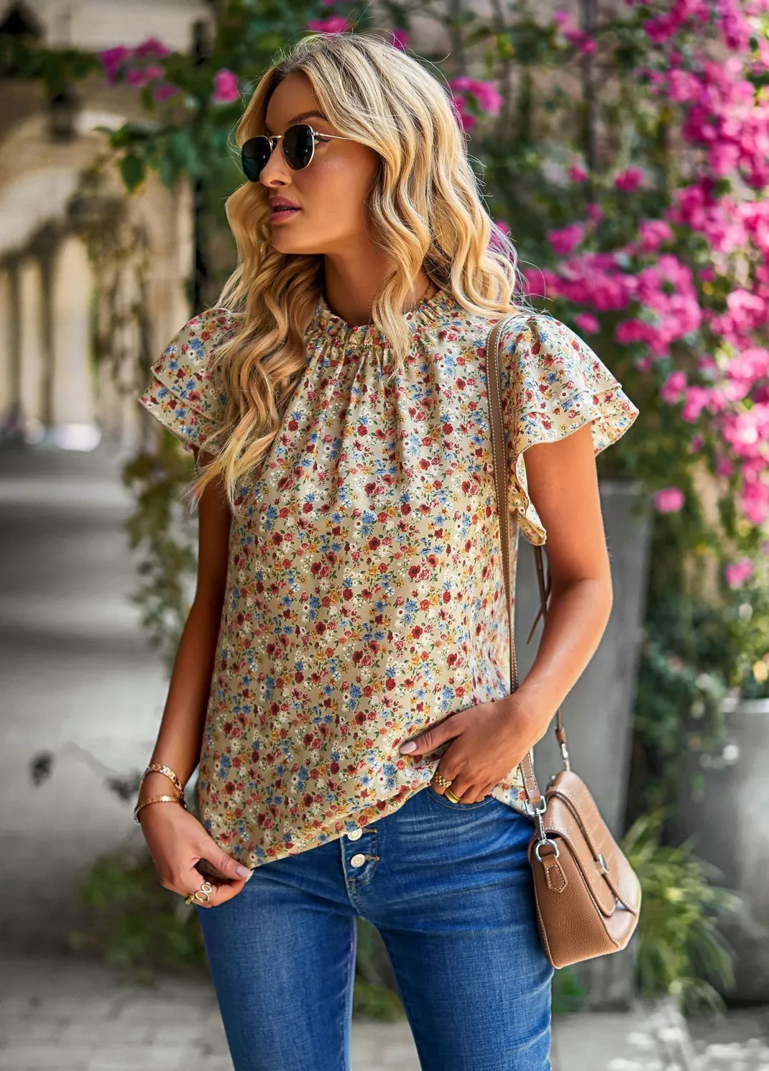 Spring Summer Women'S Loose Casual Top Floral Round Neck Shirt