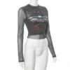 Women Printed Long Sleeve Sexy See-Through Crop Top
