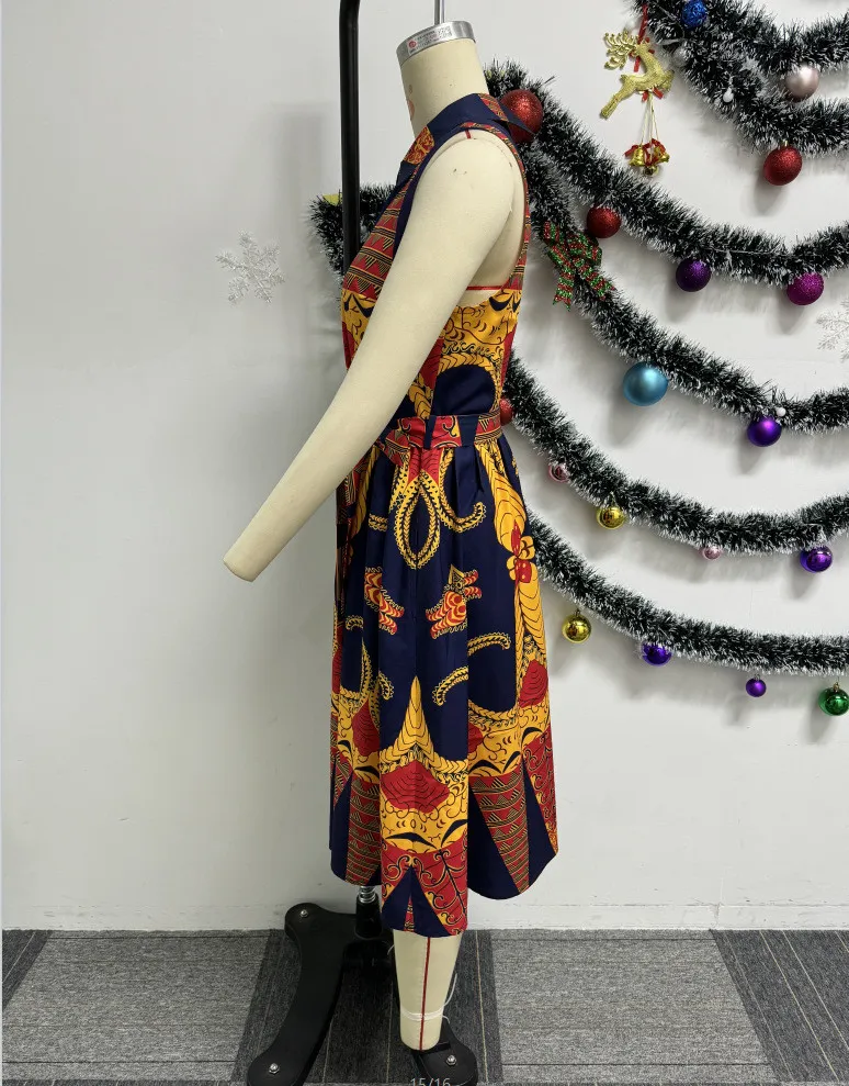 Sexy Printed Turndown Collar Sleeveless Slim Waist African Dress - Image 7