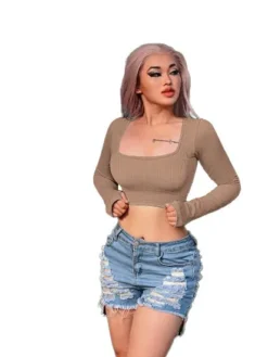 Rib Long Sleeve Casual Sports Tight Fitting Crop Top For Women