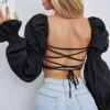 Summer Women's Fashion Lantern Sleeve Sexy Low Cut Cropped Crop Shirt