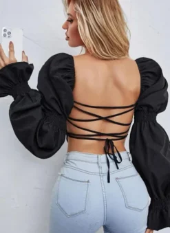 Summer Women's Fashion Lantern Sleeve Sexy Low Cut Cropped Crop Shirt