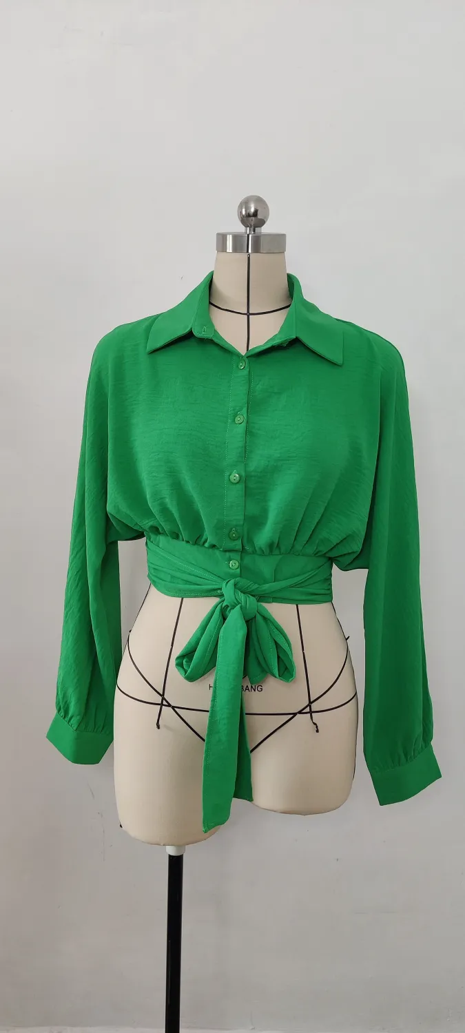 Women's Lace Up Long Sleeve Cardigan Spring Summer Bat Sleeves Crop Loose Shirt - Image 9