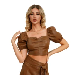 Women's Low Back Versatile Slim Fit Sexy Crop Short Sleeve Leather Top