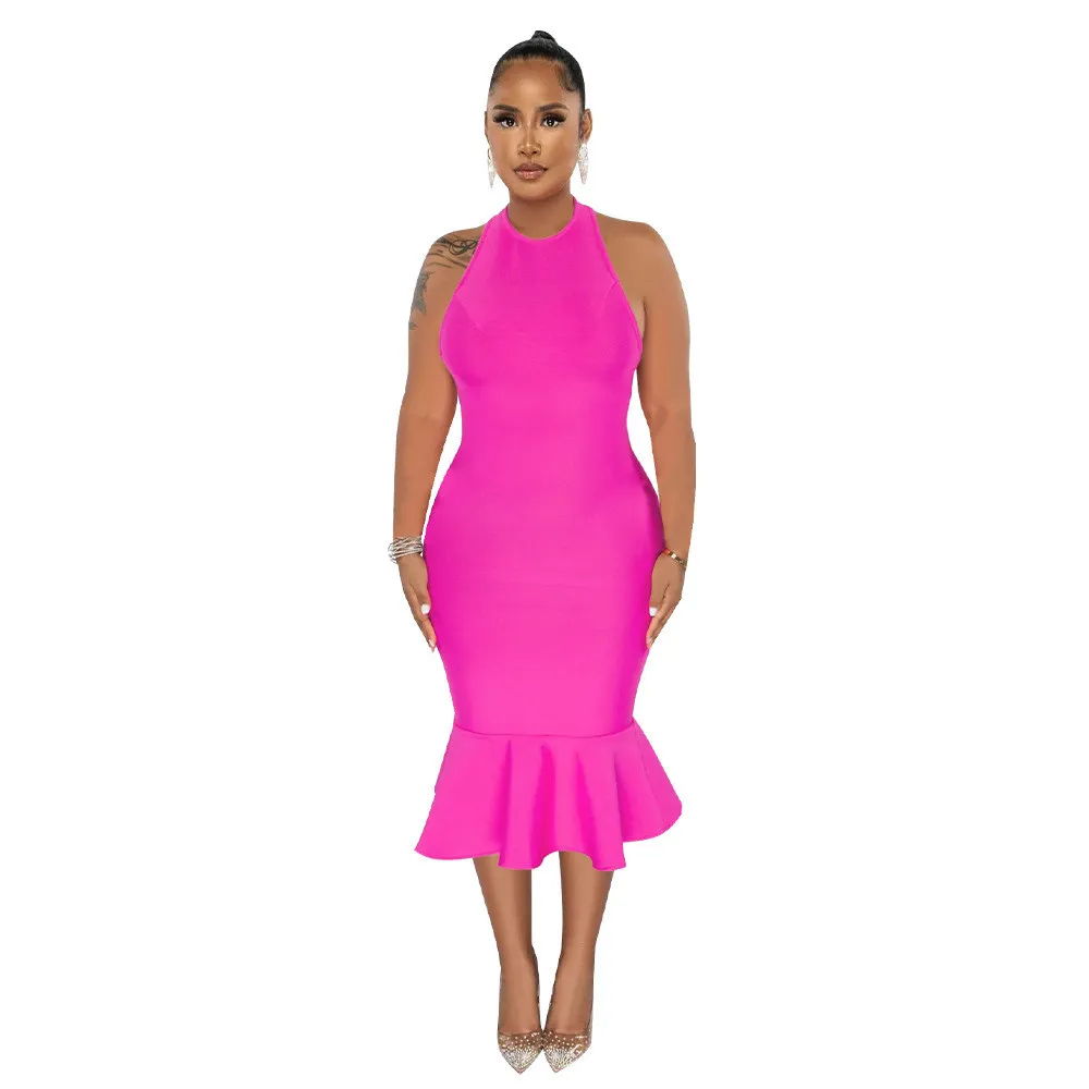 Women's Solid Color Halter Neck Bodycon Mermaid Party Dress - Image 2