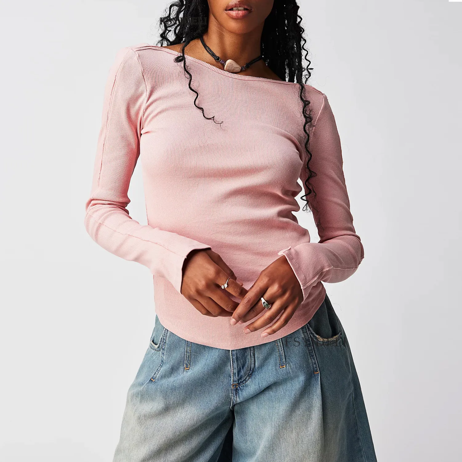 Spring And Autumn Solid Color Round Neck Sexy Open Back Ribbed T-Shirt Tops For Women - Image 6