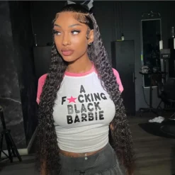 Women's Summer Contrast Color Patchwork Letter Print Round Neck Short Sleeve Crop T-Shirt Tops