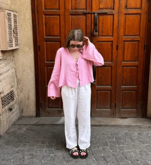 Women's Deep V Bell Bottom Sleeve Lace-Up Tops - Image 2