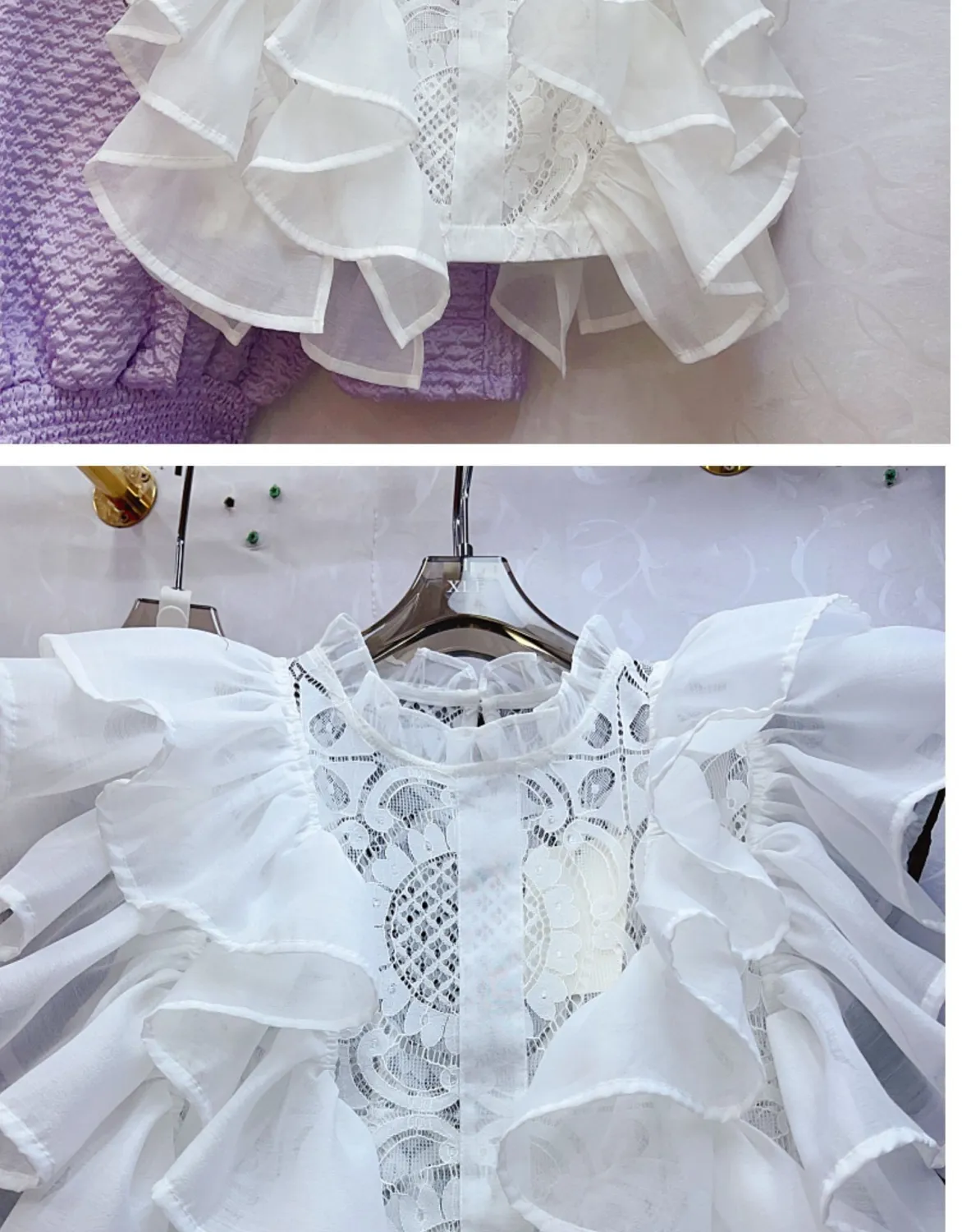 Women Summer French Ruffle Patchwork Crochet Hollow Stand Collar Lace Shirt - Image 5