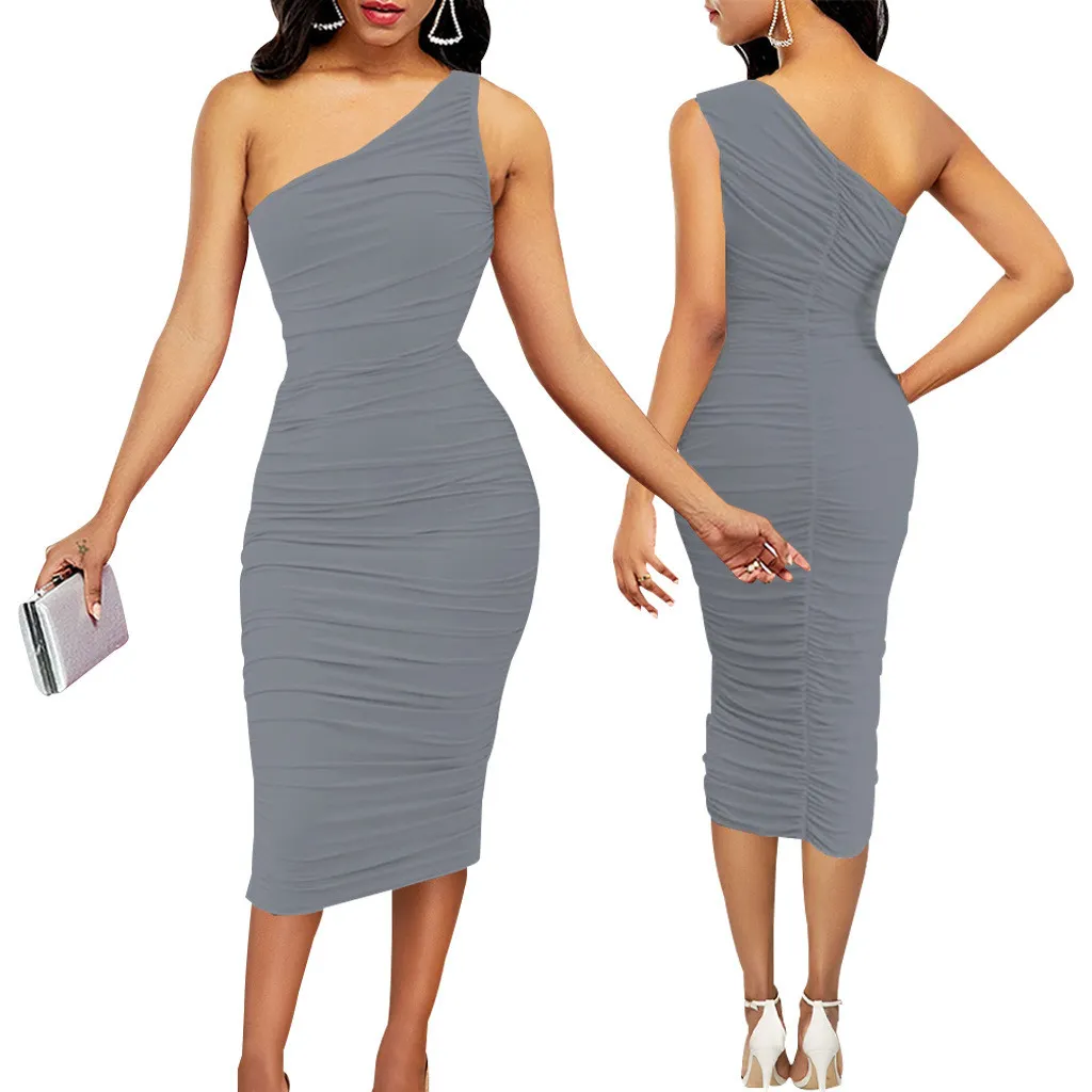 Women Sexy Solid One Shoulder Dress - Image 7