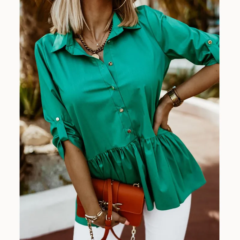 Spring Solid Chic Career Pullover Green Turndown Collar Single Breasted Casual Elegant Women's T-Shirt - Image 5