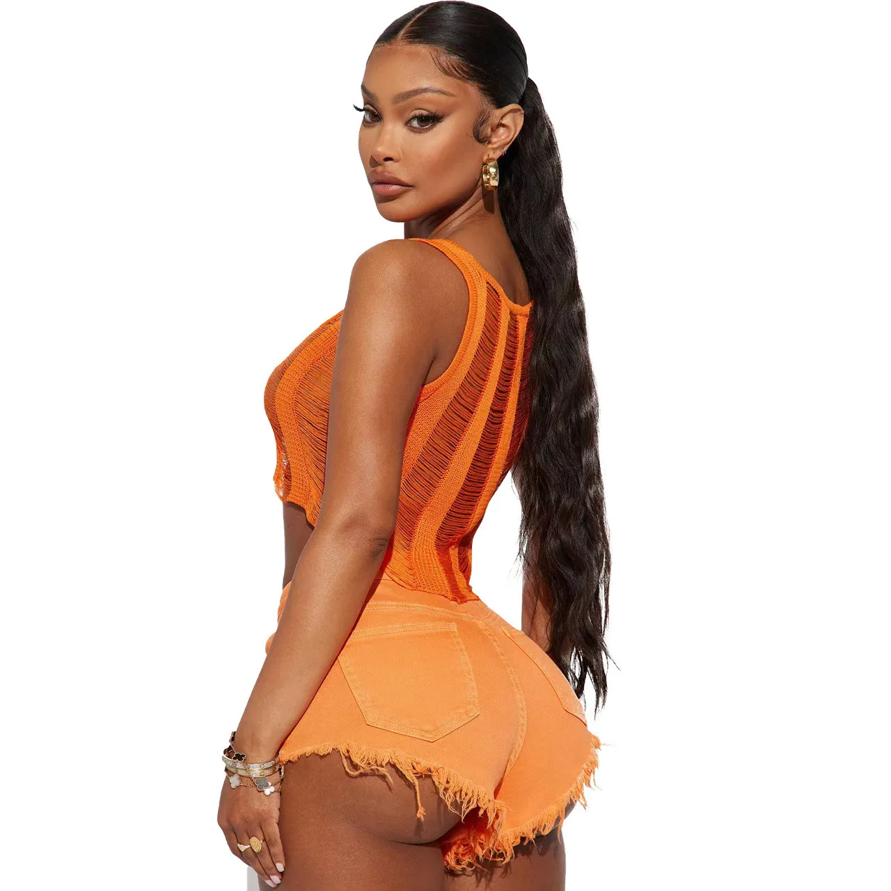 Ladies Fashion Casual Ripped Raw Denim Shorts - Image 5