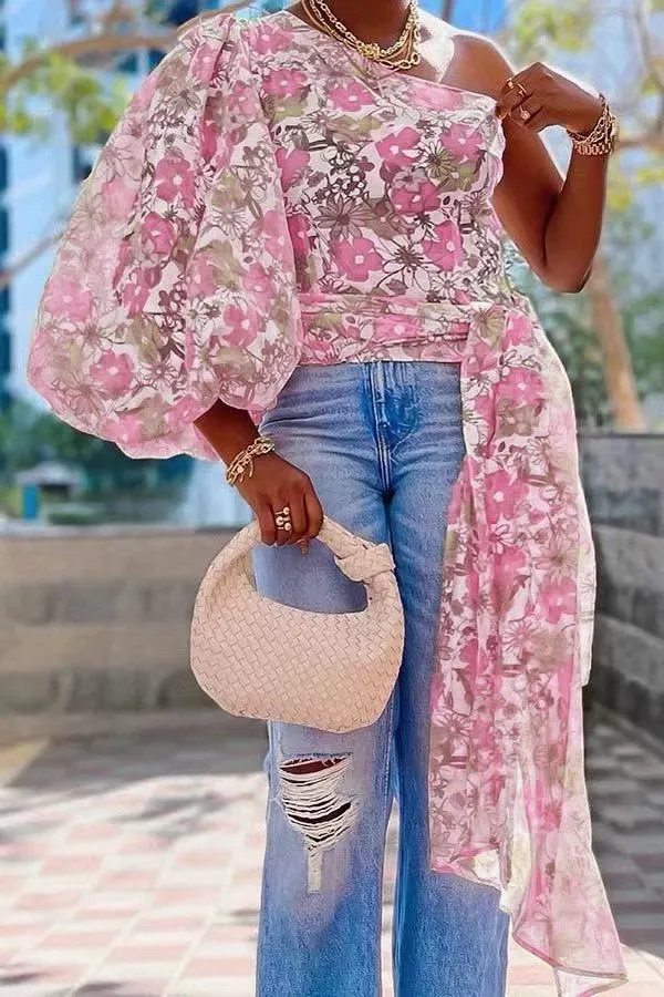 Women Sexy Print Single Sleeve Bell Bottom Sleeve Top - Image 10