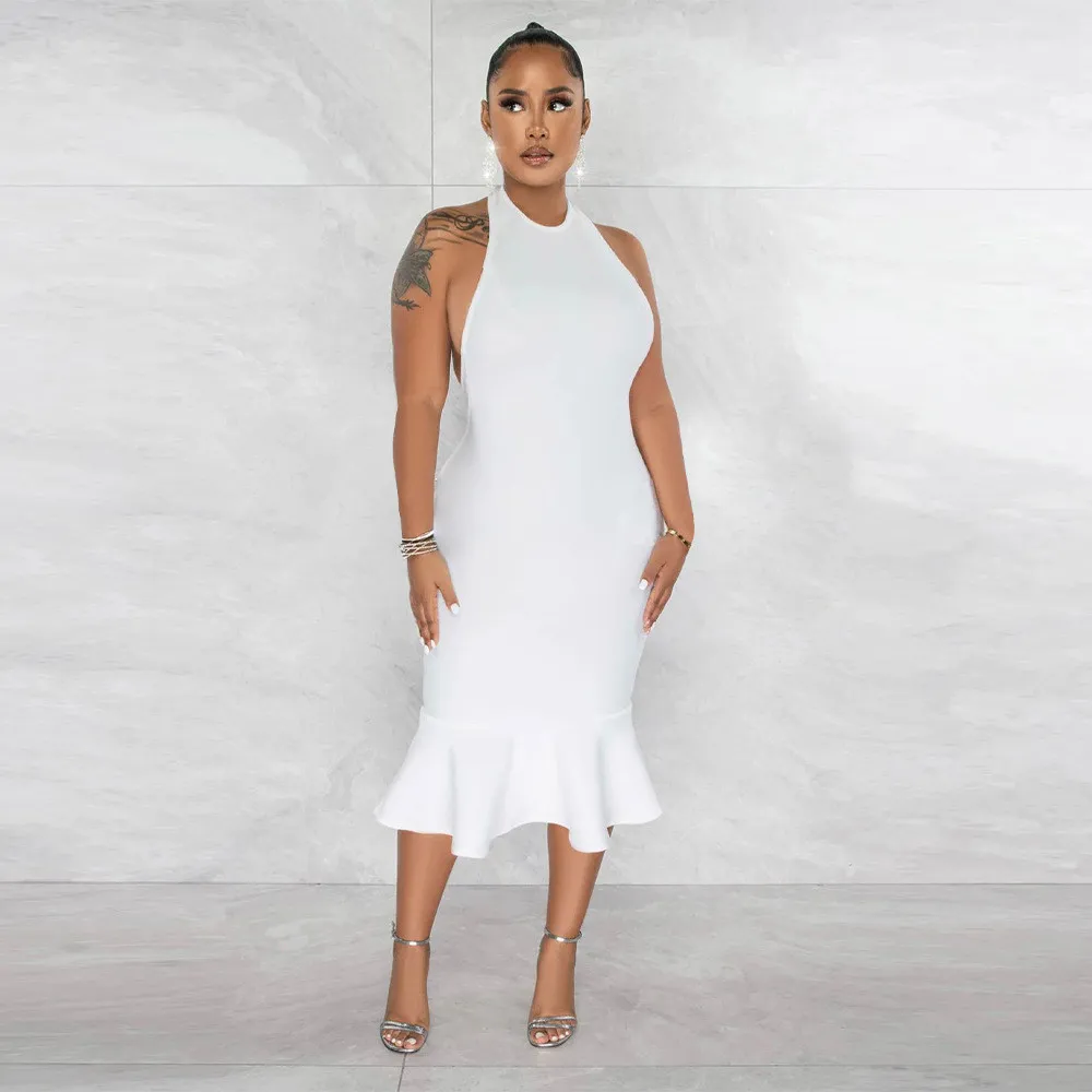 Women's Solid Color Halter Neck Bodycon Mermaid Party Dress - Image 15
