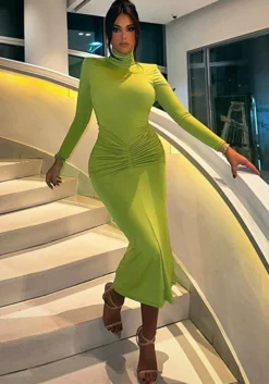 Winter Women's High Neck Long Sleeve Fashion Chic Pleated Slim Fit Midi Dress