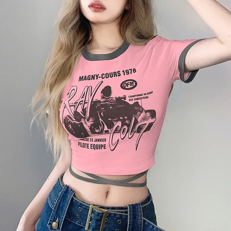 Summer Sexy Slim Fashion Print Round Neck Lace-Up Corset Crop T-Shirt Women - Image 13