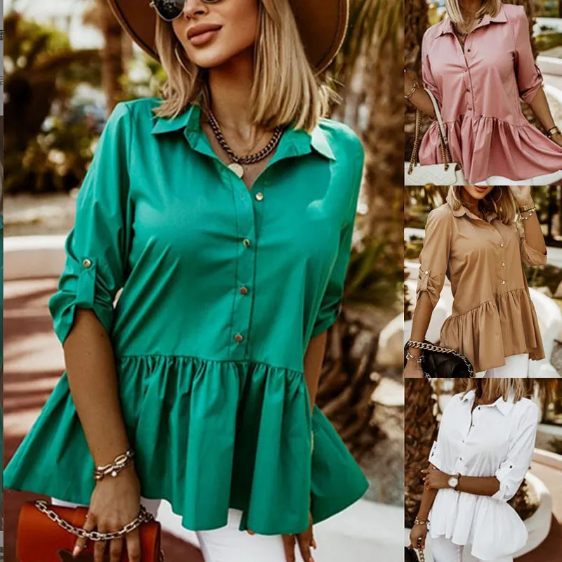 Spring Solid Chic Career Pullover Green Turndown Collar Single Breasted Casual Elegant Women's T-Shirt - Image 12