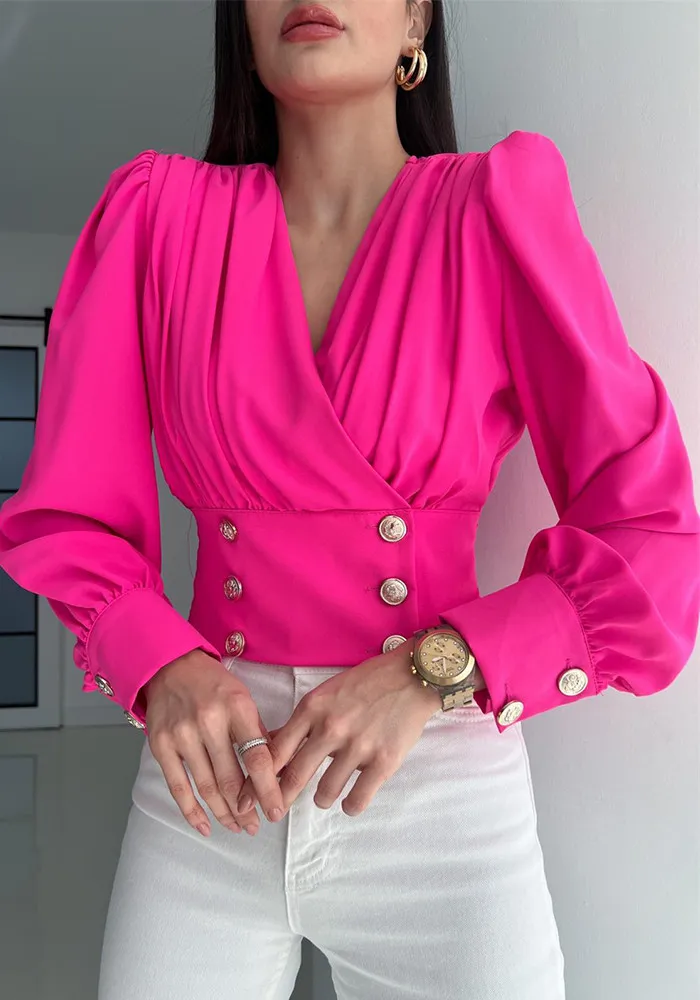Women's V-Neck Sexy Long-Sleeved Short Slim Waist Puff Sleeve Solid Color Pleated Shirt - Image 18