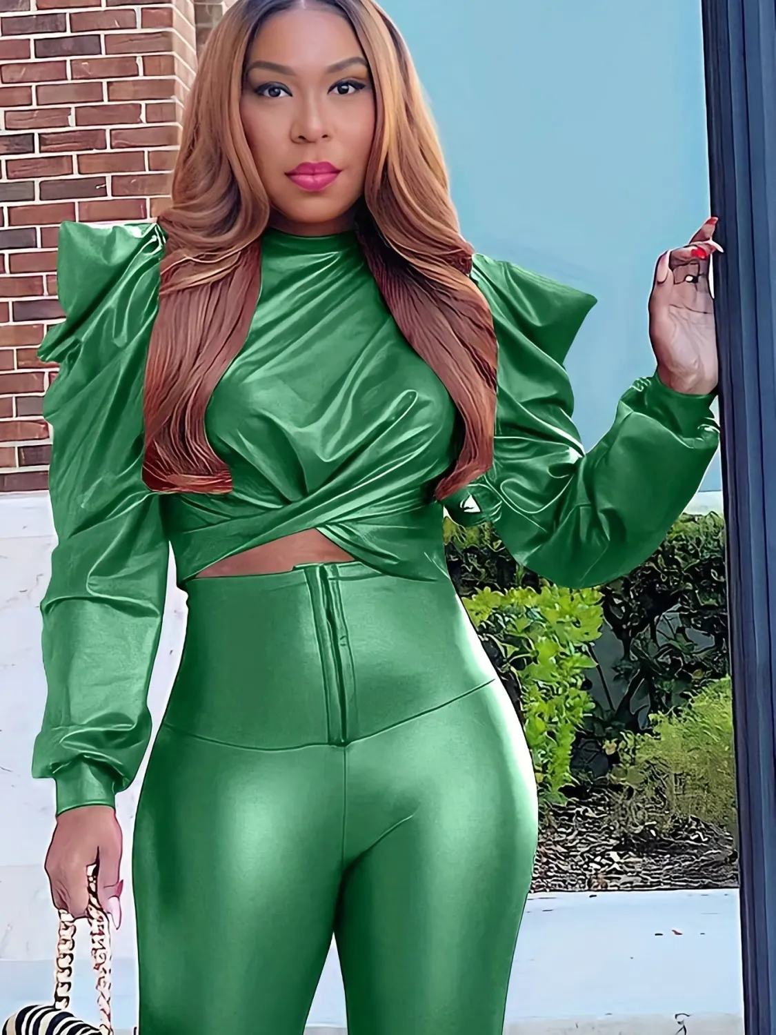 Women Puff Shoulder Pu Leather Crop Top - Image 11