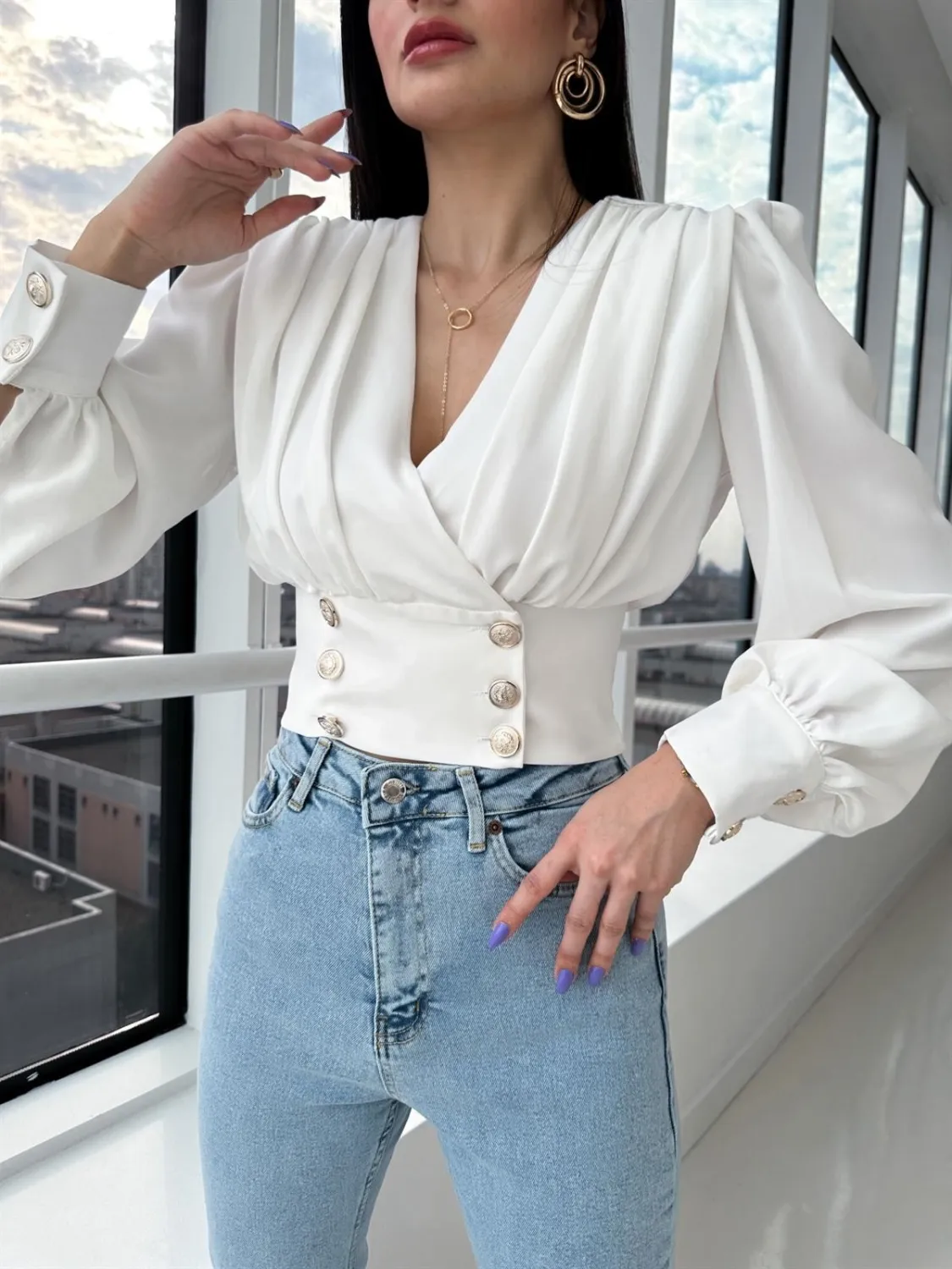 Women's V-Neck Sexy Long-Sleeved Short Slim Waist Puff Sleeve Solid Color Pleated Shirt - Image 13