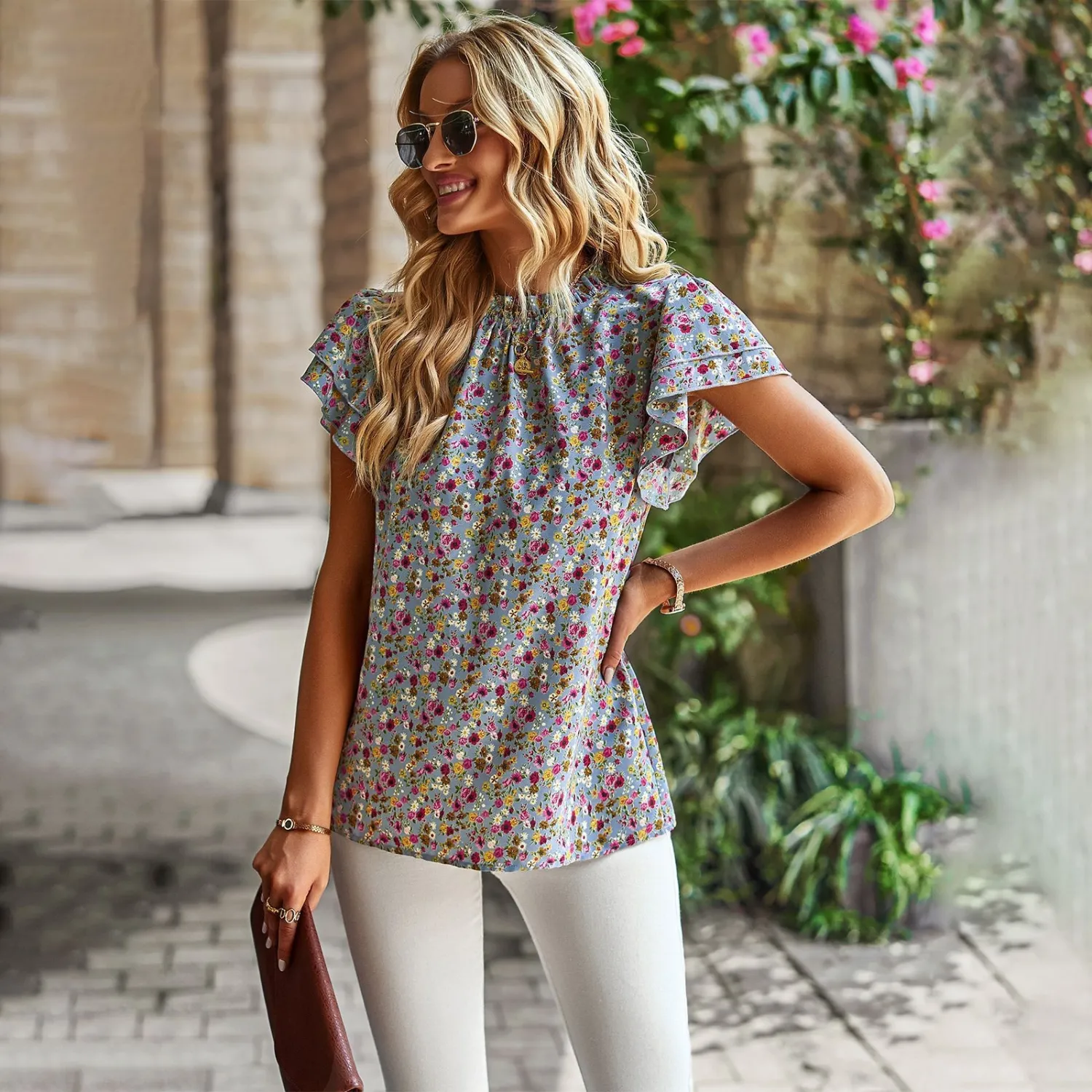 Spring Summer Women'S Loose Casual Top Floral Round Neck Shirt - Image 14