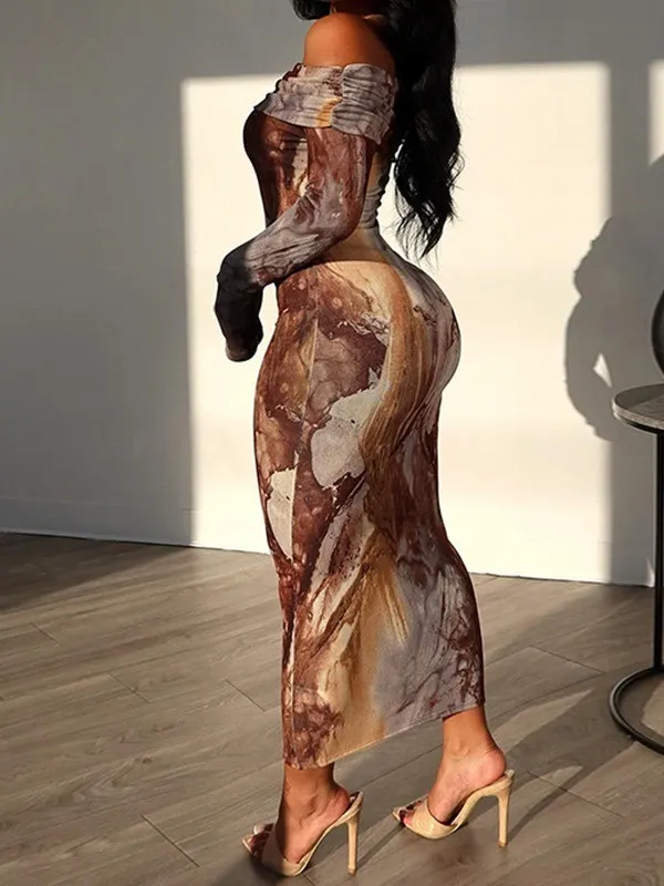 Women's Retro Fashion Print Sexy Off Shoulder Long Sleeve Trendy Dress - Image 2