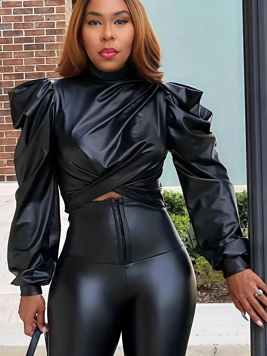 Women Puff Shoulder Pu Leather Crop Top - Image 3