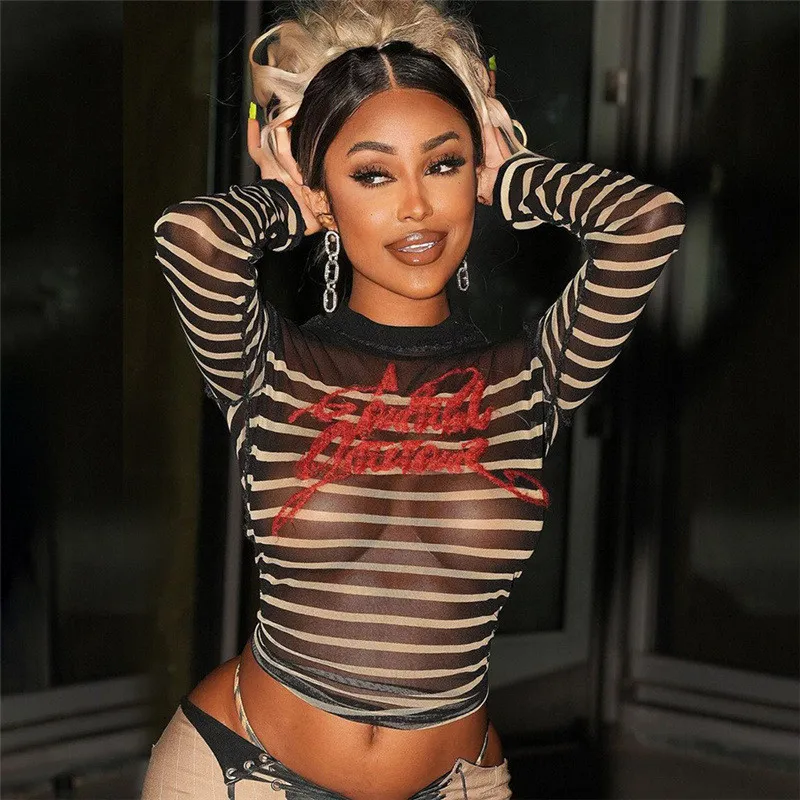 Autumn Women's Fashion Mesh Digital Print Contrast Color Round Neck Slim Top For Women - Image 3