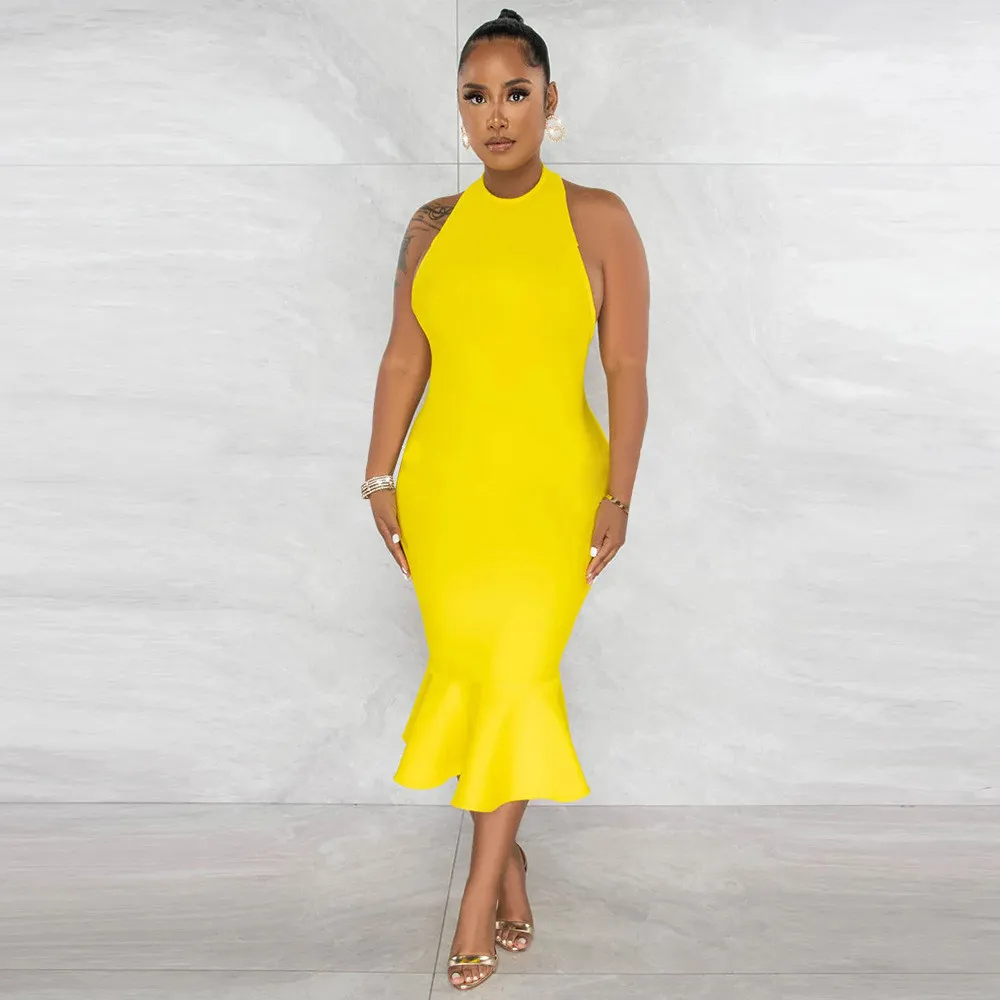 Women's Solid Color Halter Neck Bodycon Mermaid Party Dress - Image 14