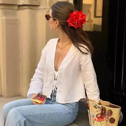 Women's Deep V Bell Bottom Sleeve Lace-Up Tops - Image 3