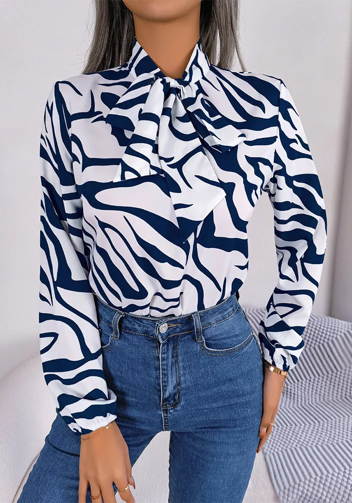 Autumn And Winter Chic Color Contrast Striped Tie Lantern Sleeve Chiffon Shirt Women's Clothing - Image 8