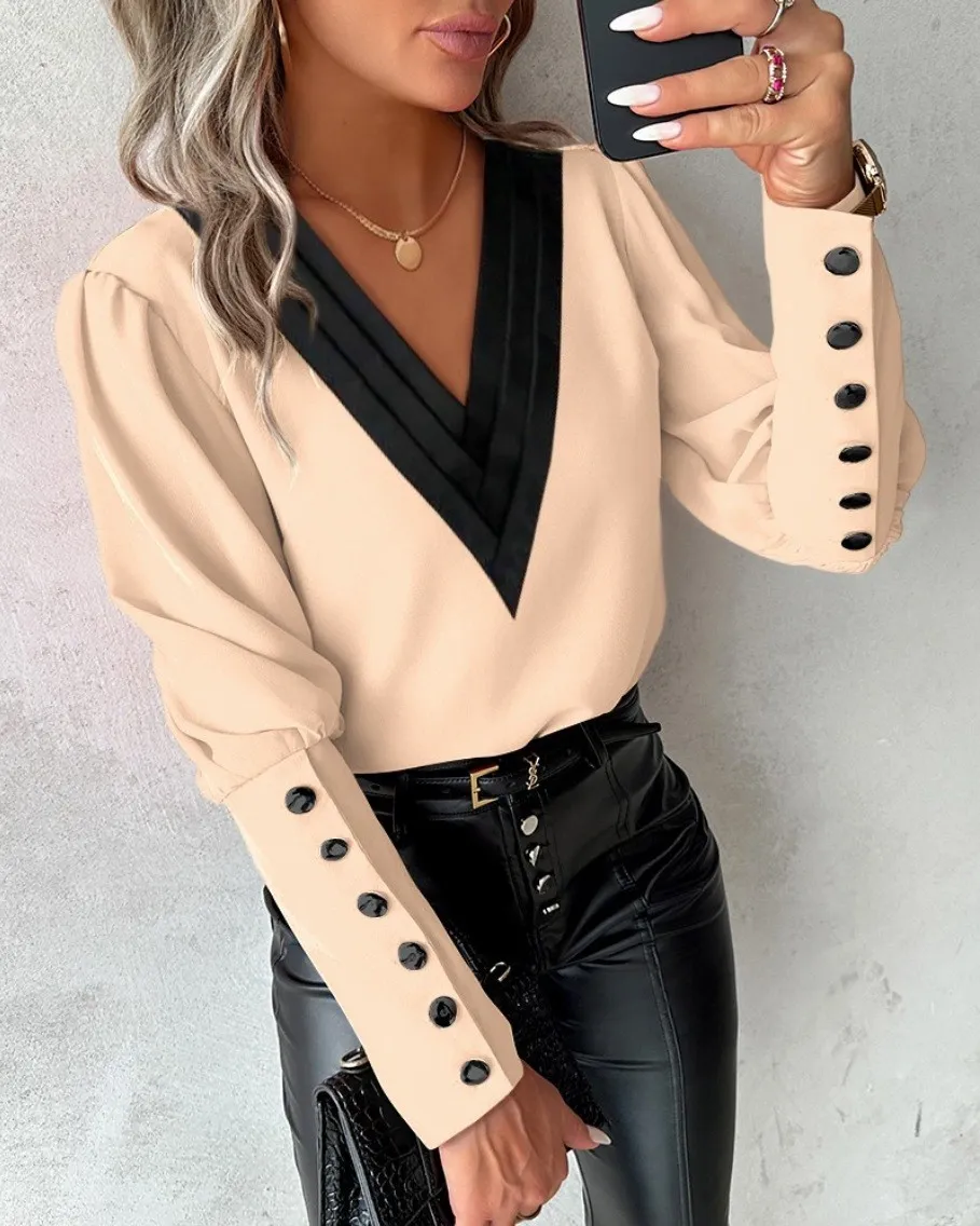 Women V Neck Solid Long Sleeve Button Top - Image 3