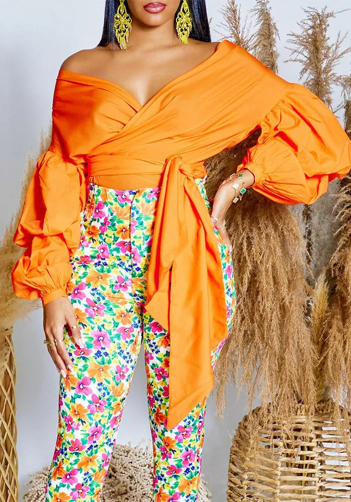 Summer Fashion Solid Color Off-Shoulder Cross Lace-Up Puff Sleeve Sexy V-Neck Shirt African Top - Image 6