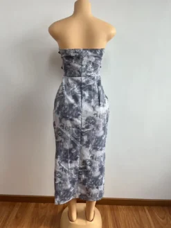 Women Tie Dye Strapless Sleeveless Pocket Bodycon Zipper Slit Dress