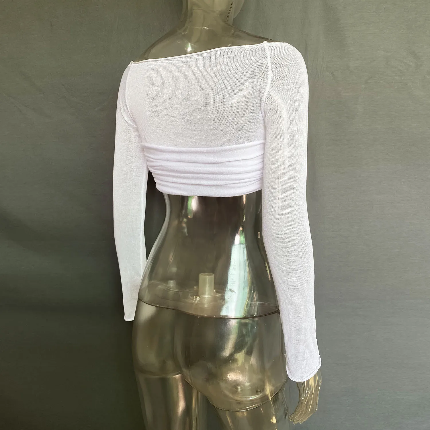 Spring Summer Women'S Off Shoulder See-Through Long Sleeve Cropped Top - Image 18