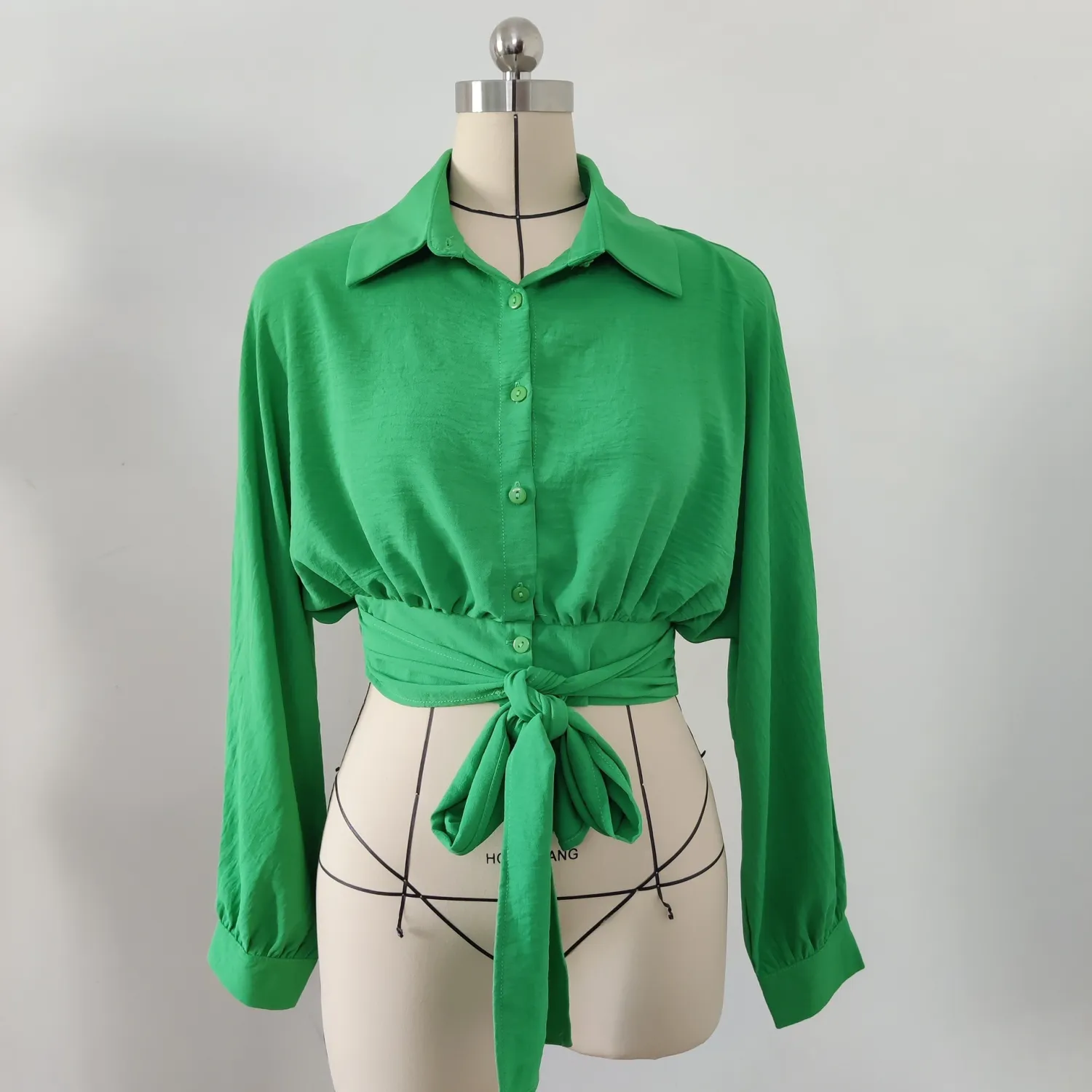 Women's Lace Up Long Sleeve Cardigan Spring Summer Bat Sleeves Crop Loose Shirt - Image 18