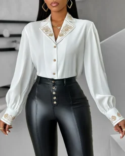 Women Turndown Collar EmbroideryTop