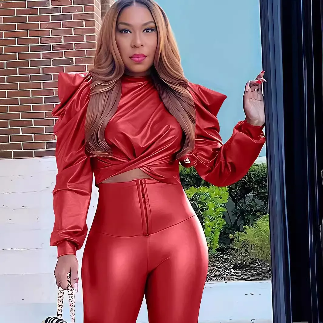 Women Puff Shoulder Pu Leather Crop Top - Image 16