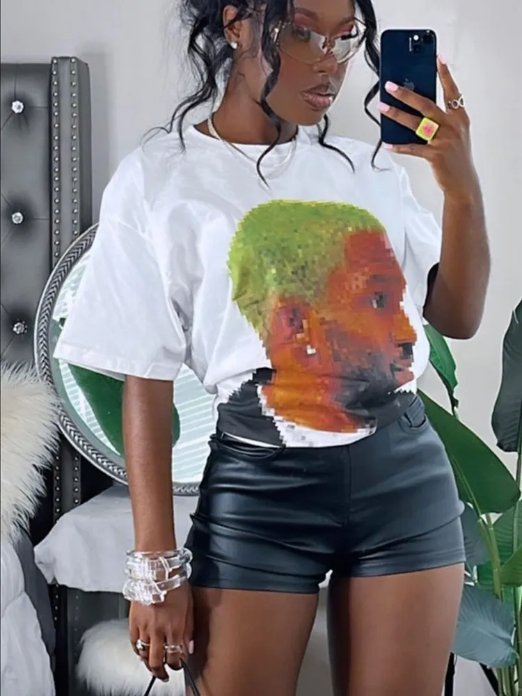 Summer Casual Loose Pure Cotton Mosaic Character Round Neck Short-sleeved T-shirt For Women - Image 8